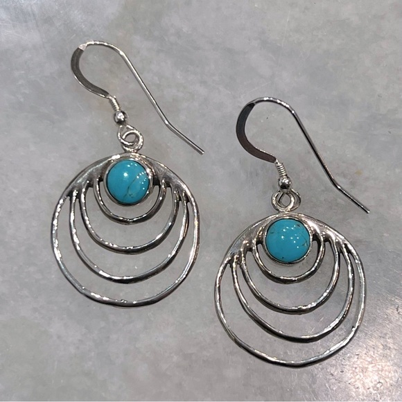 Santa Fe Style Kingman Turquoise Dangling Concentric Circle Earrings - Picture 4 of 8